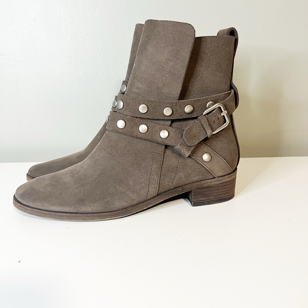 See by Chloe Neo Janis Metal Studded Buckle Suede Taupe Slip On Ankle Boot